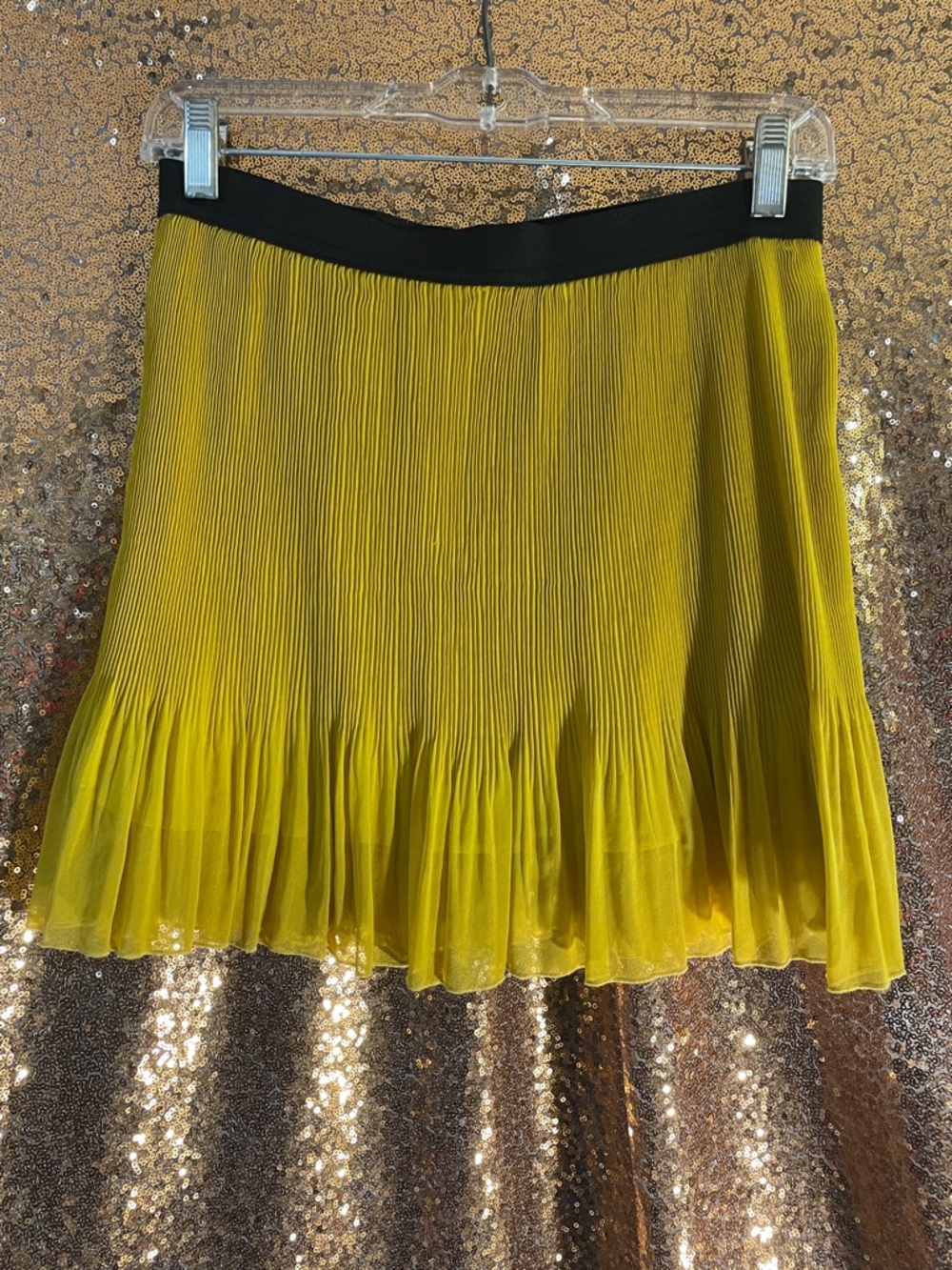 Iris Basic Bright Yellow Pleated Skater Skirt with Black Waistband